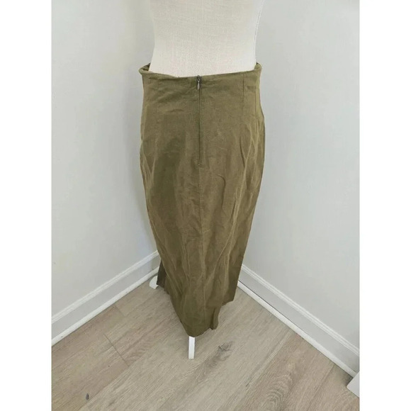 Zara Linen Cotton Blend Slit Faux Button Olive Green Straight Midi Long Skirt M - Picture 9 of 13